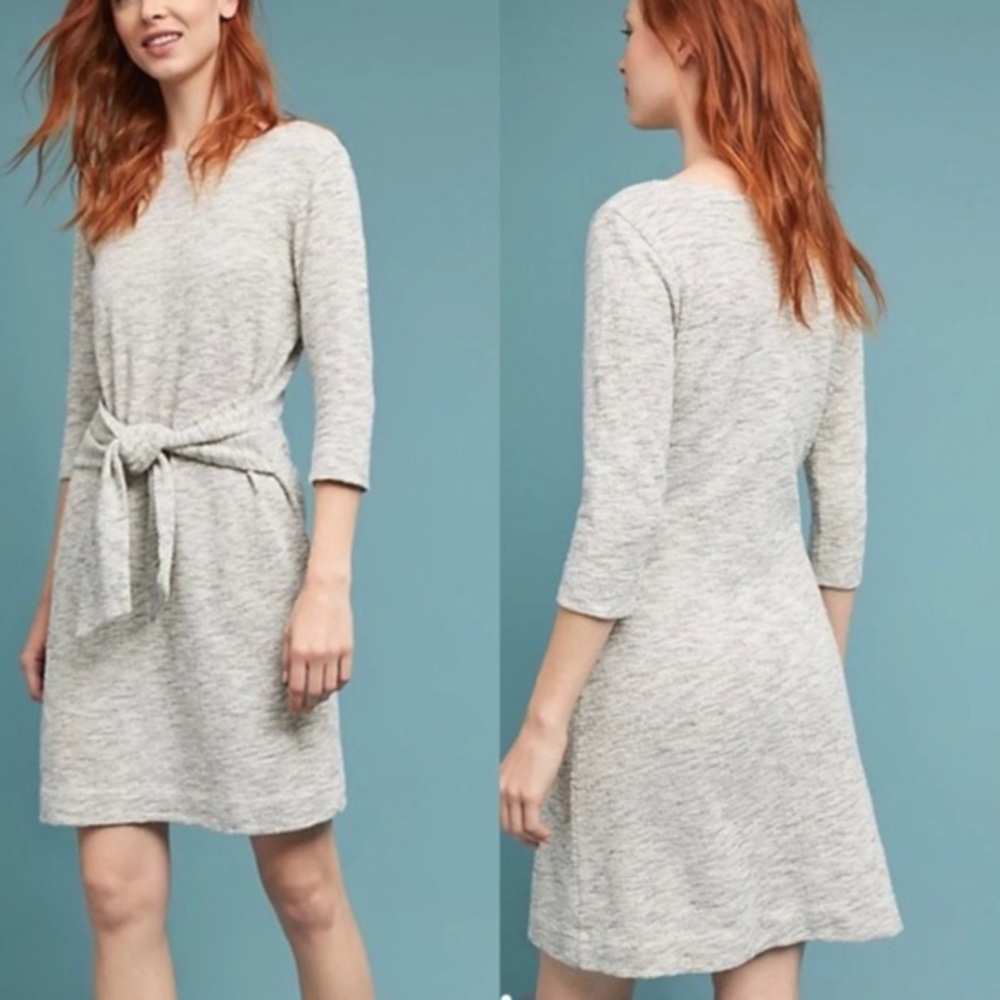 New Anthropologie t.la heather gray 3/4 sleeve becky tie waist dress size xs